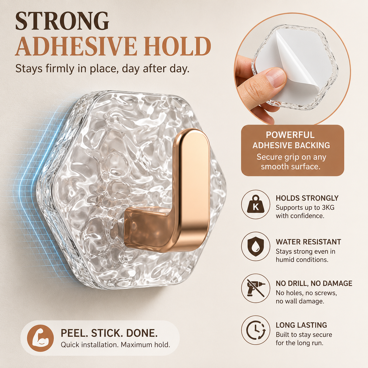 Self-Adhesive Hexagonal Ripple Design Hook - Pack of 5/10
