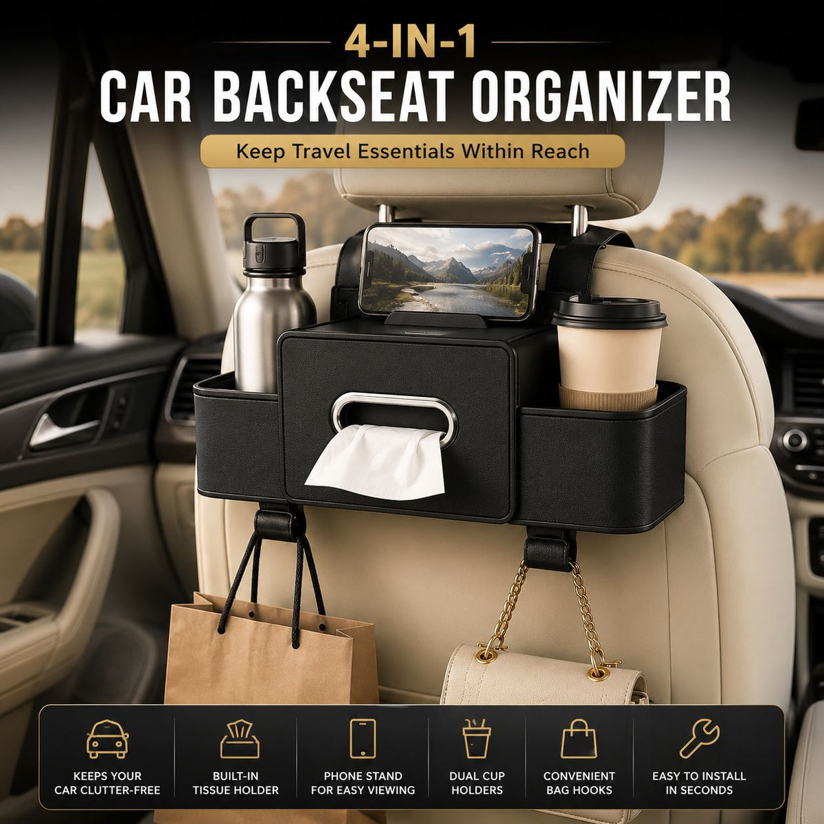 4-in-1 Car Backseat Organizer with Tissue & Cup Holder